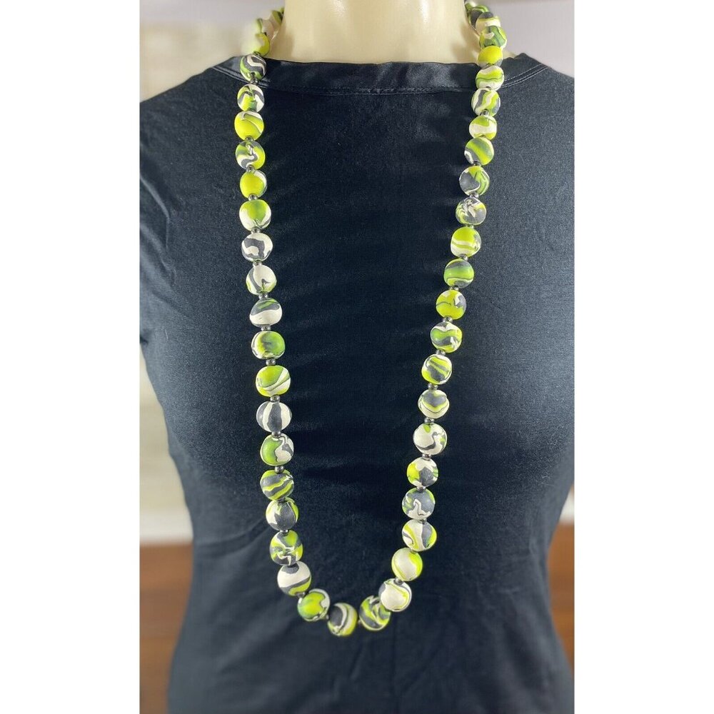 Artisan Jilzara Polymer Clay Bead Necklace - 34" Chartreuse & Grey Zebra Print